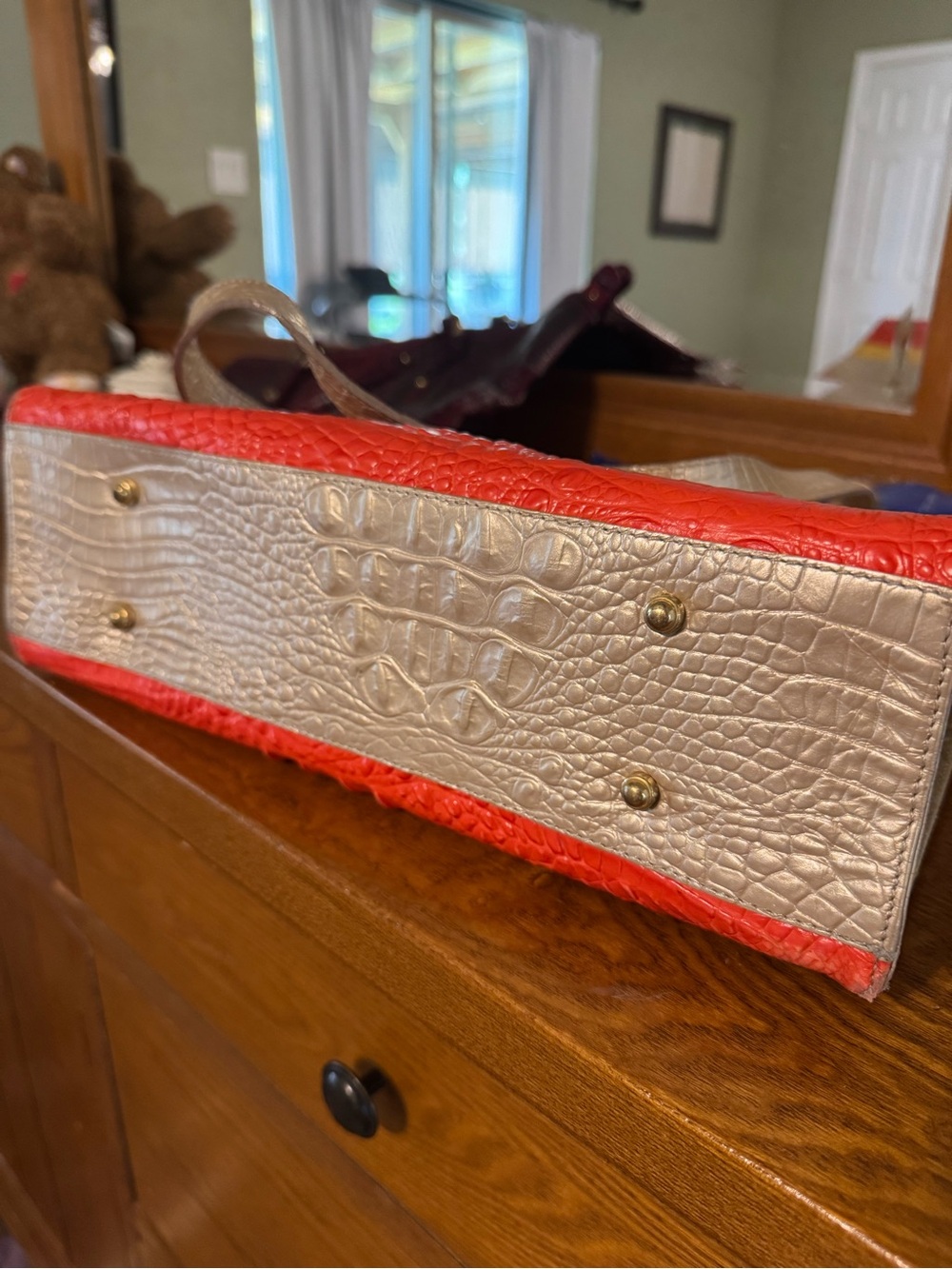 Brahmin Croc-Embossed Striped Bag in Red, Yellow & Taupe - Picture 5 of 11